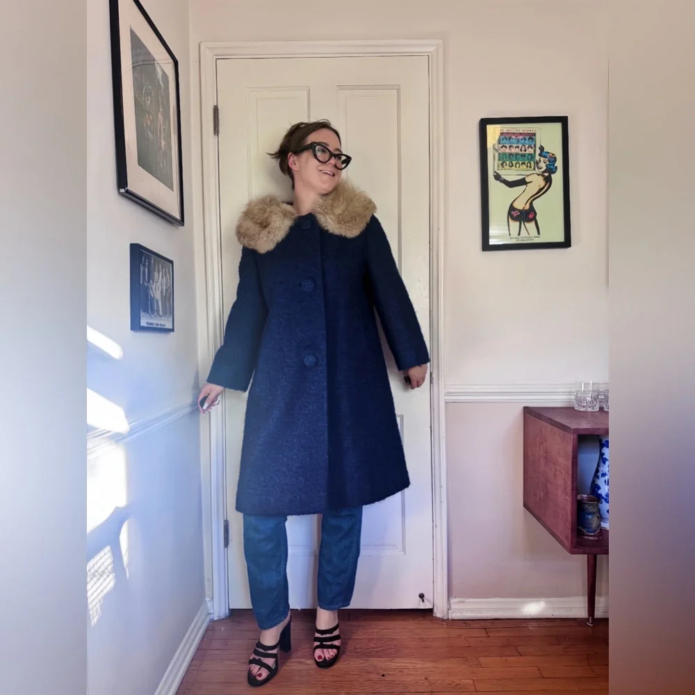 50s Vintage Boulce Tweed Swing Coat w Fox collar Sz Large - Picture 1 of 8